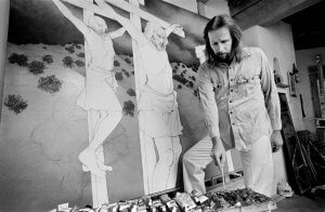 Black and white portrait of Paul Pletka, Artist painting in his studio. Tesuque, New Mexico.