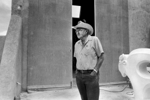 Allan Houser, Apache sculptor with buffalo sculpture. Santa Fe NM
