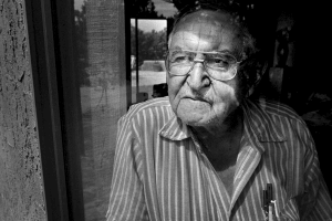 Black and white portrait of Allan Houser, Apache sculptor. Santa Fe, New Mexico.
