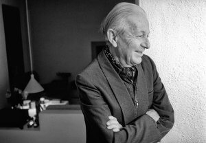 Black and white portrait of of designer Alexander Girard. Santa Fe, New Mexico.