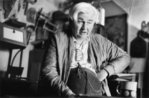 Black and white portrait of artist Bill Tate, at his home in Truchas, New Mexico USA