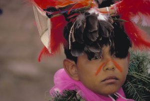 Boy dancer in traditional costume. Santa Clara New Mexico