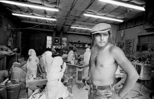 Black and white portrait of Doug Hyde Native American Indian sculptor. Santa Fe, New Mexico.