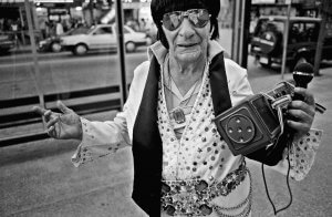 Black and white portrait of Elvis impersonator. Robson Street - Vancouver CanadaVancouver, BC Canada.