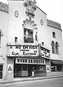 Hang Em High. Santa Fe New Mexico. Mock corpses hanging as a movie marquee.