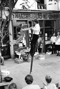 Stilt dancers. Shakespeare & Co. Paris.
