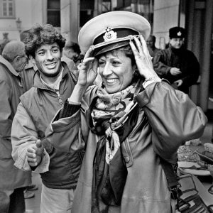 Tourists buying Russian uniforms in Prague, Czechoslovakia 1991
